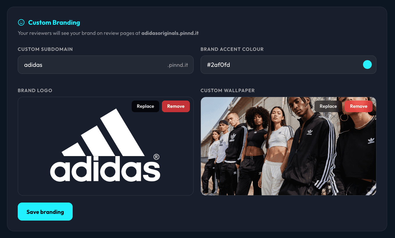 Custom branding settings — pinnd Pro