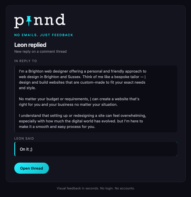 pinnd instant reply notification email