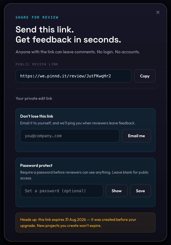Send link & password protect — pinnd share dialog